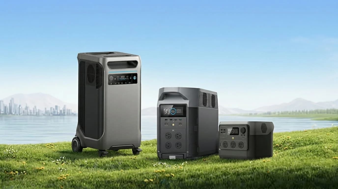 Three EcoFlow portable power stations on a lakeside lawn